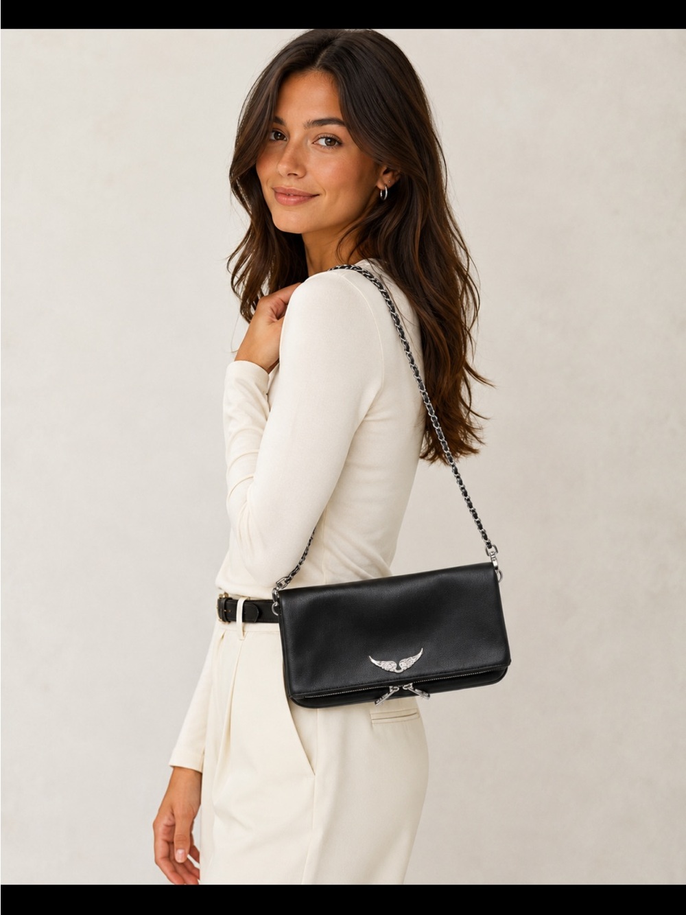 Zadig & Voltaire Black Leather Chain Crossbody with Silver Wing Emblem - Picture 1 of 15